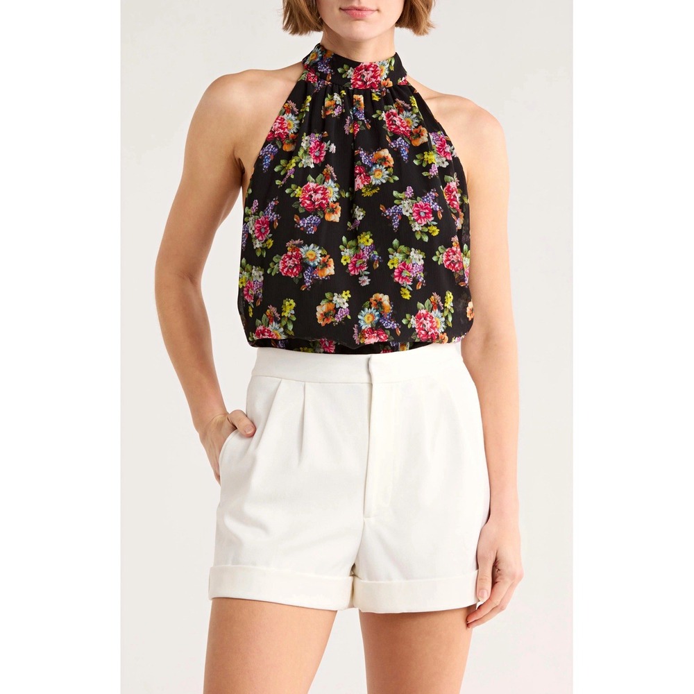 Alice + Olivia NWT Maris Floral Halter Top Womens XS Magnolia Black Msrp$330NWT